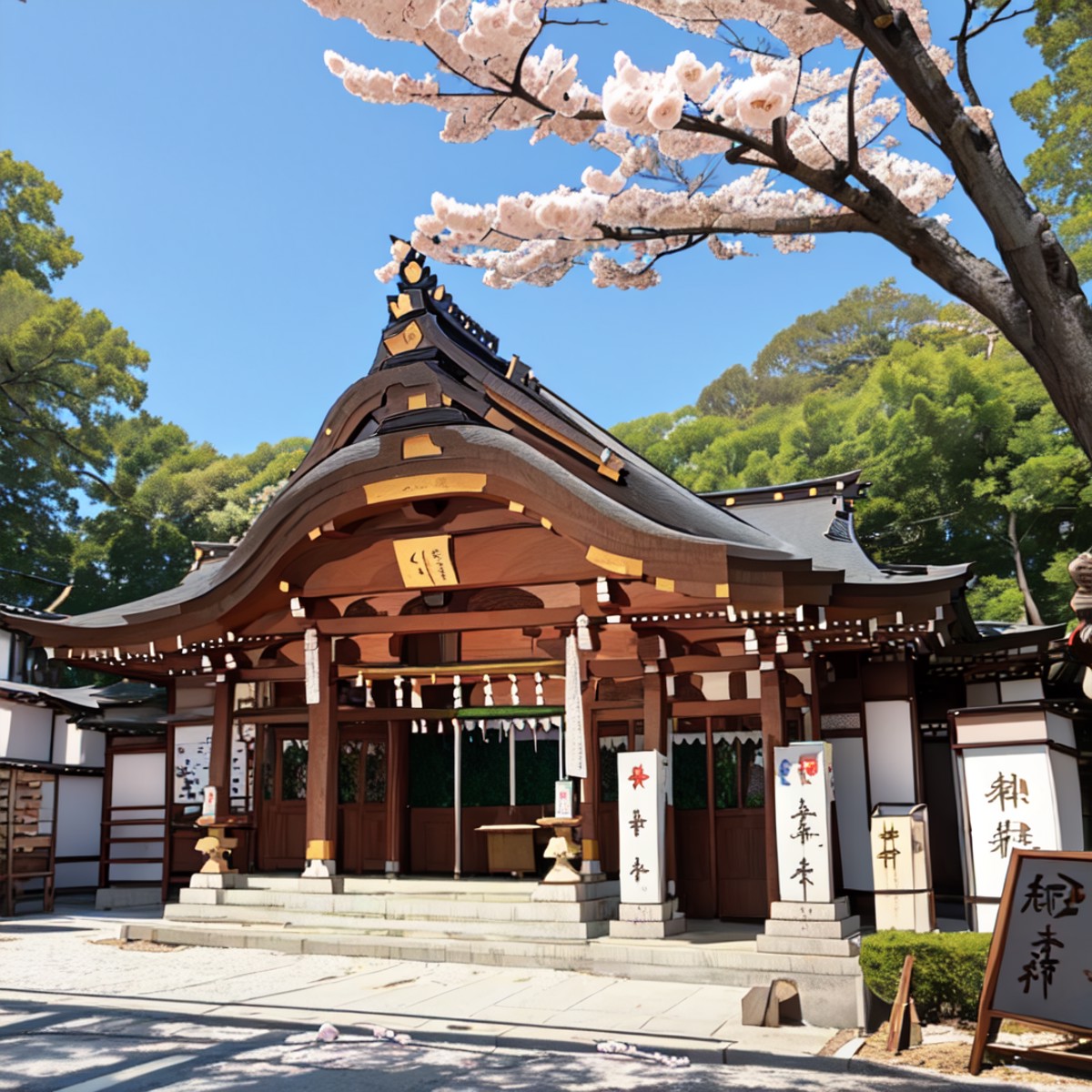 best quality, ultra-detailed, illustration,
jinzya, tree, outdoors, shrine, scenery, day, shimenawa, cherry blossoms, real...